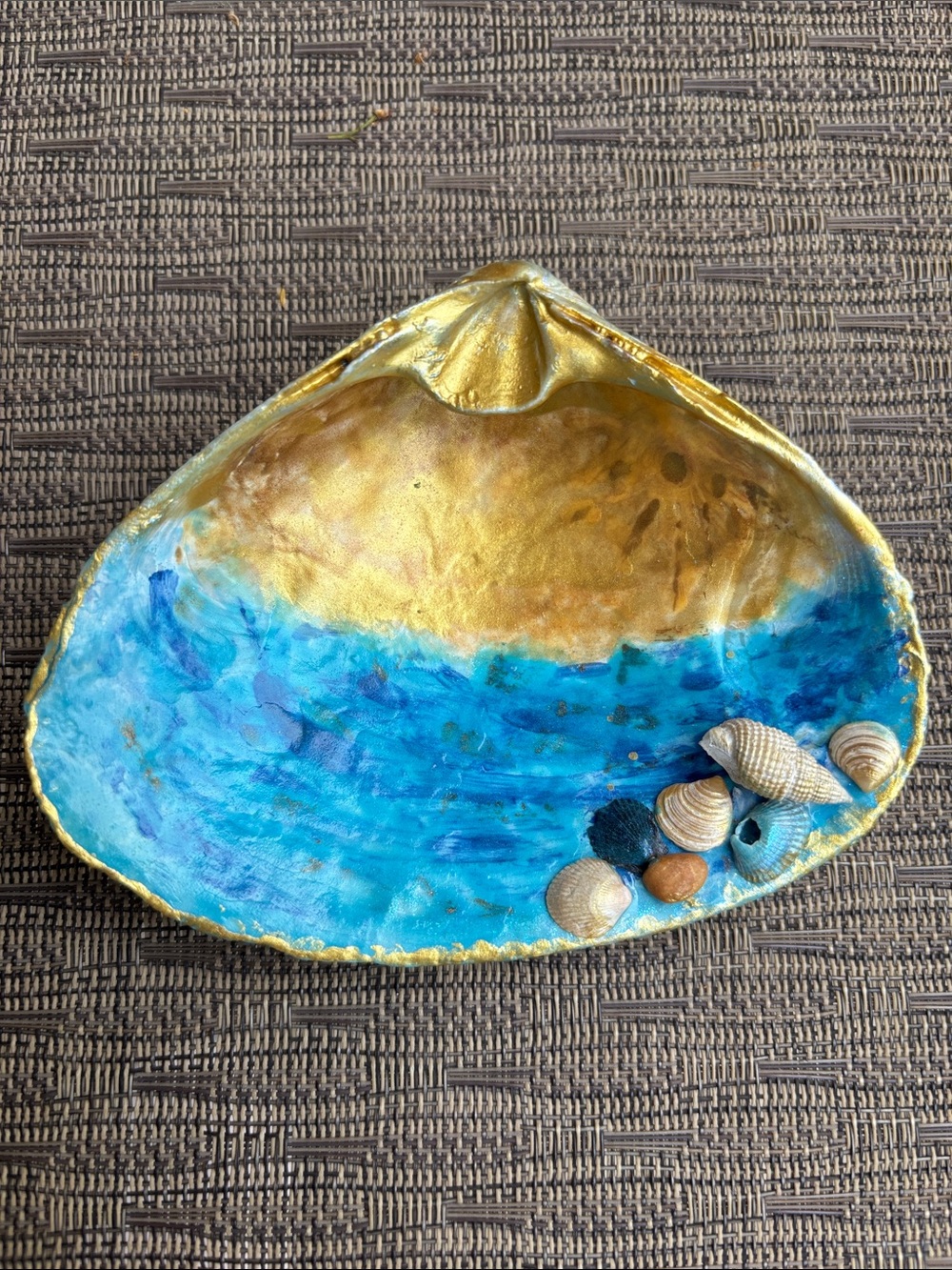 Hand-Painted Seashell Trinket Dish - Blue & Gold Beach Accent Miniature Shells